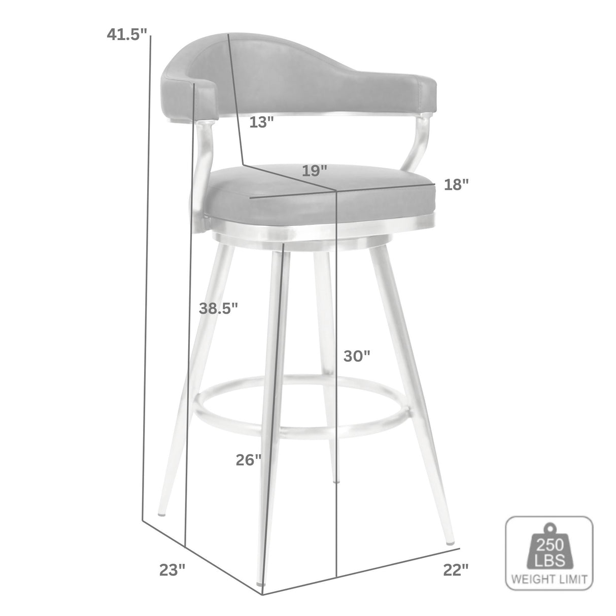 Detail image of Justin Java Brown Swivel Bar Stool with overlay of product dimensions
