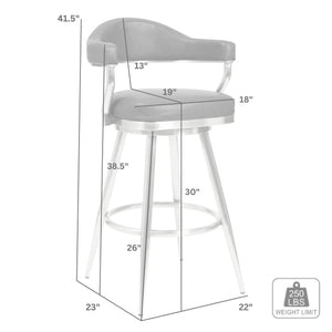 Detail image of Justin Java Brown Swivel Bar Stool with overlay of product dimensions