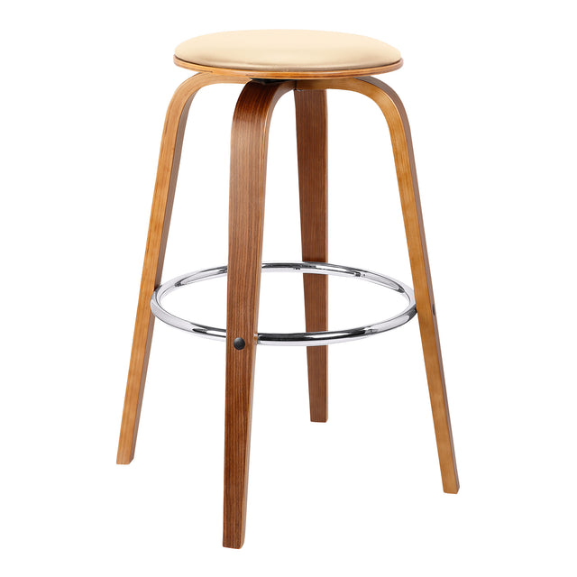 Wooden bar stool with a beige cushion on a white background