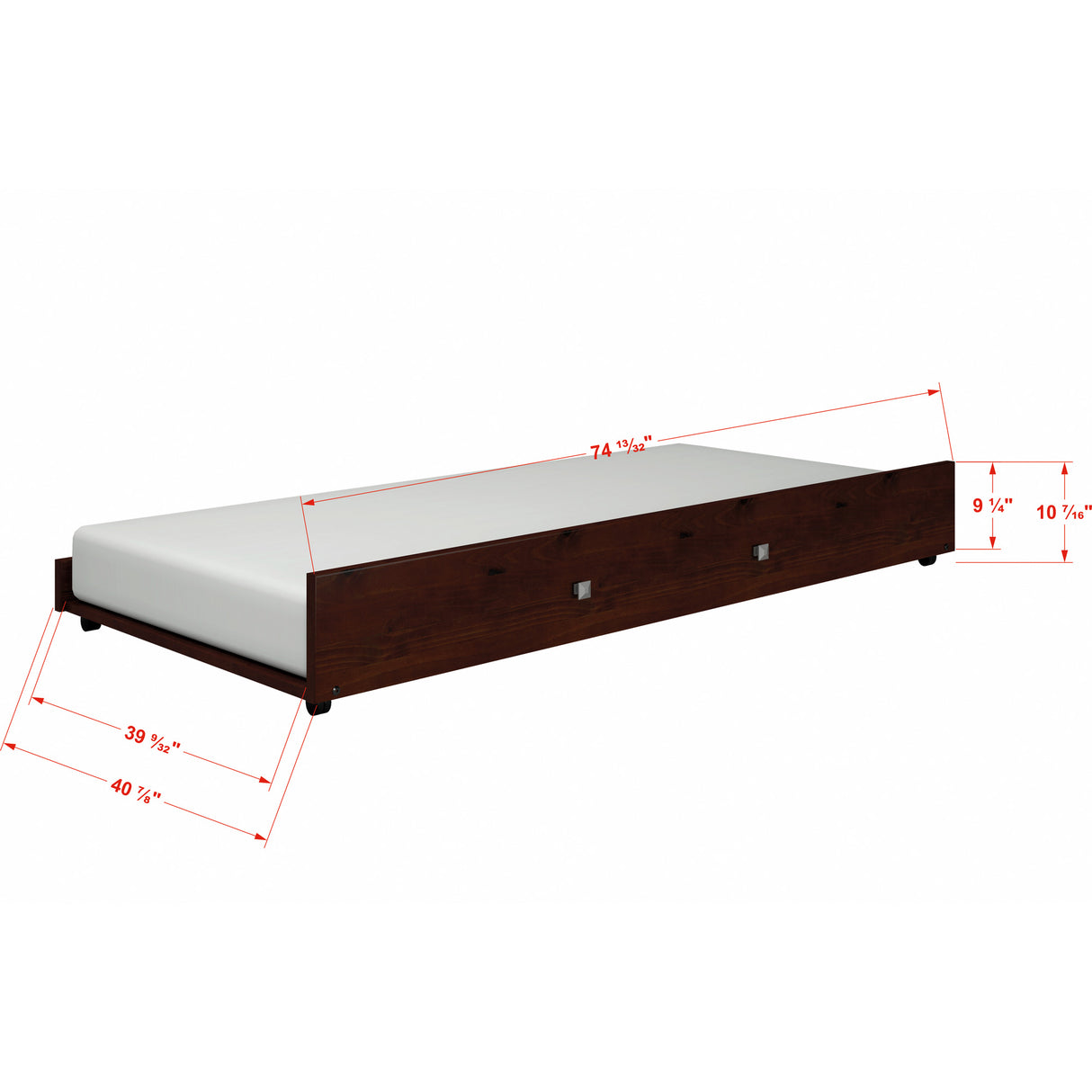 Detail image of Jordan Chocolate Twin Trundle Unit with overlay of product dimensions