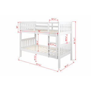 Detail image of Jordan White Twin Over Twin Bunk Bed with overlay of product dimensions