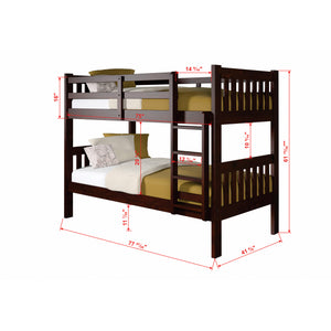 Detail image of Jordan Chocolate Twin Over Twin Bunk Bed with overlay of product dimensions