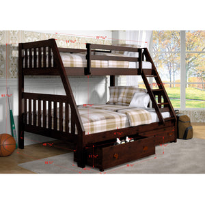 Detail image of Jordan Chocolate Twin Over Full Bunk Bed With Drawers with overlay of product dimensions