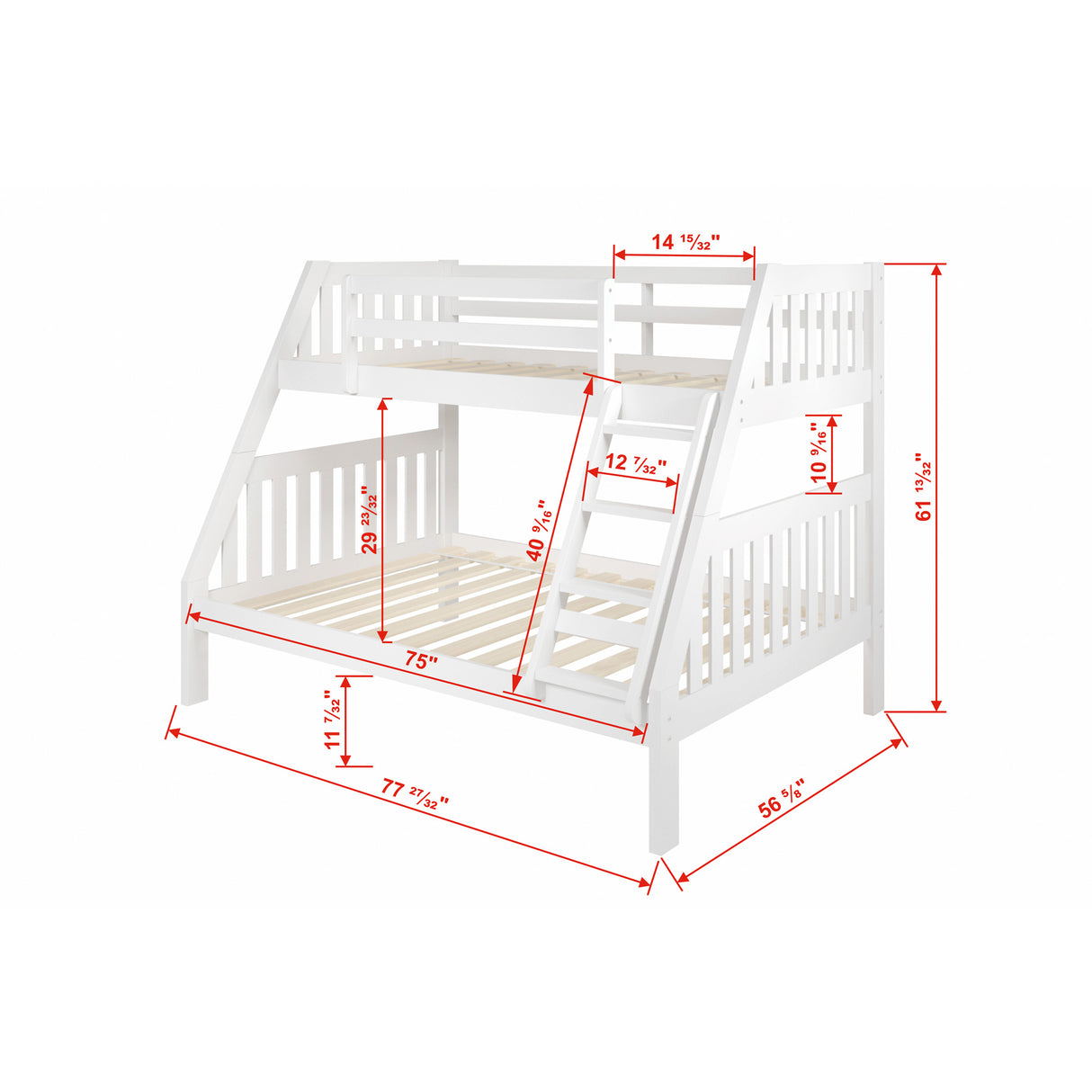 Detail image of Jordan White Twin Over Full Bunk Bed With Trundle with overlay of product dimensions
