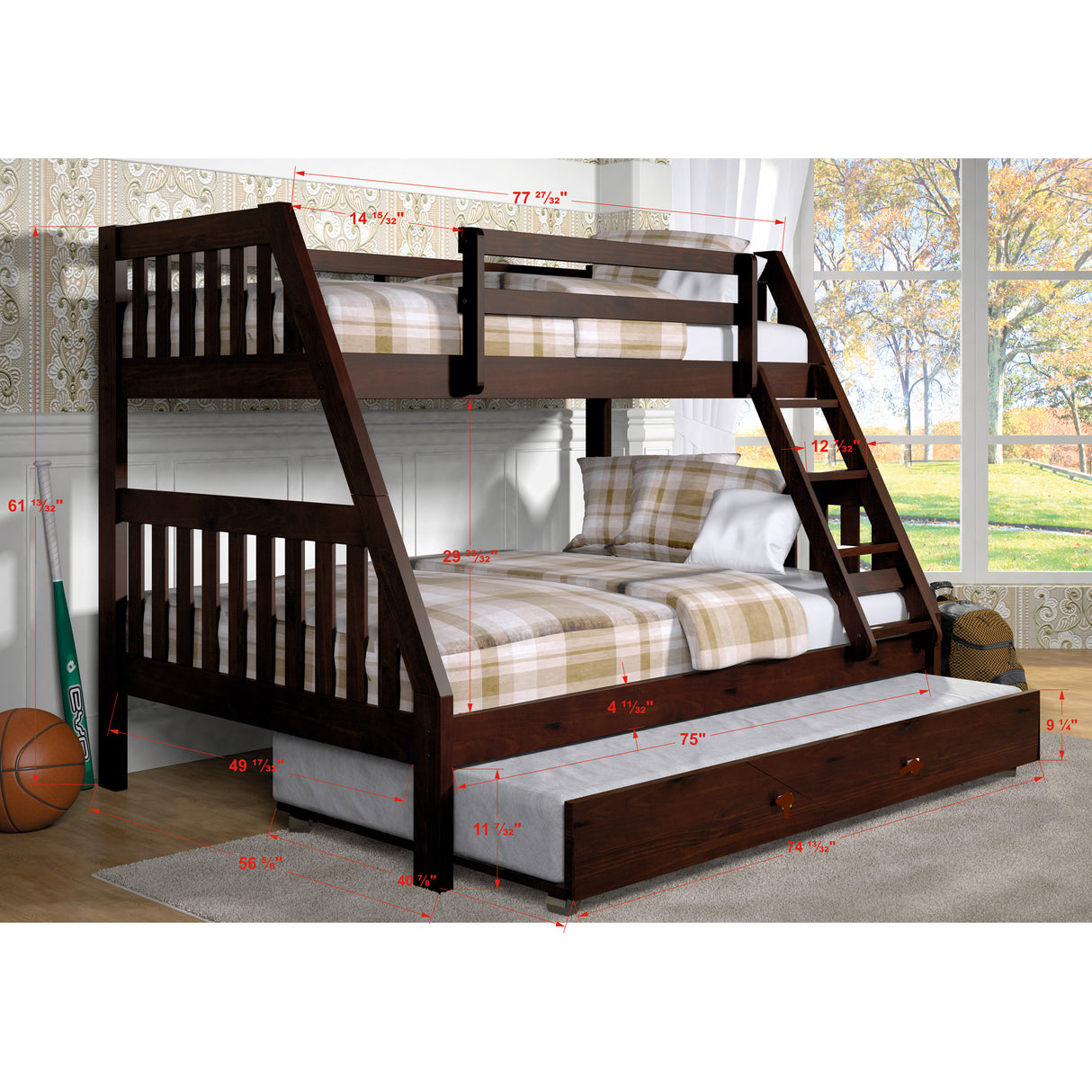 Detail image of Jordan Chocolate Twin Over Full Bunk Bed With Trundle with overlay of product dimensions