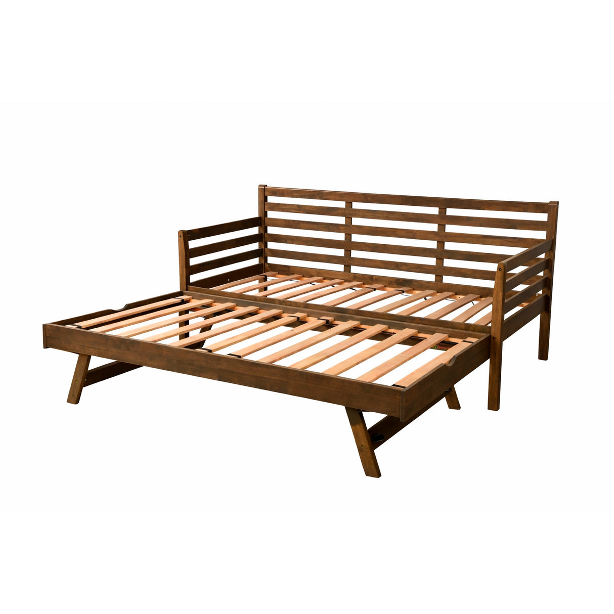 Front right view of Boho Rustic Walnut Daybed with Pop Up Trundle