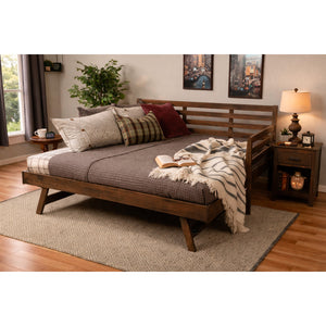 A room setting featuring Boho Rustic Walnut Daybed with Pop Up Trundle