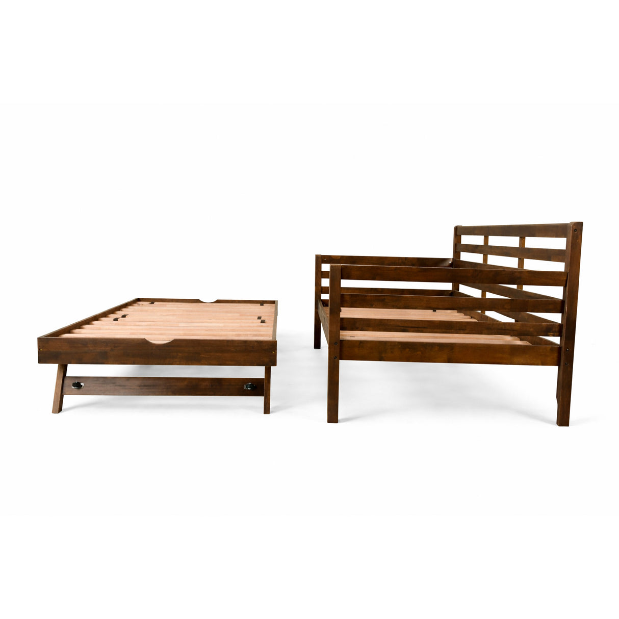 Side view of Boho Rustic Walnut Daybed with Pop Up Trundle