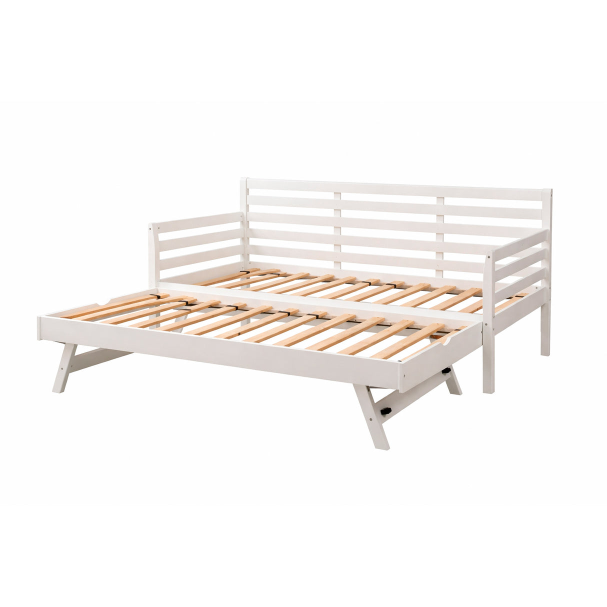 Front right view of Boho White Daybed with Pop Up Trundle
