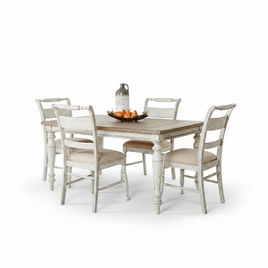 A 5-piece dining room set consisting of a rectangular table with a whitewashed distressed finish and a rustic wood top, surrounded by four matching ladder-back chairs with beige upholstered seats, shown on a white background.