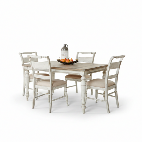 A 5-piece dining room set consisting of a rectangular table with a whitewashed distressed finish and a rustic wood top, surrounded by four matching ladder-back chairs with beige upholstered seats, shown on a white background.