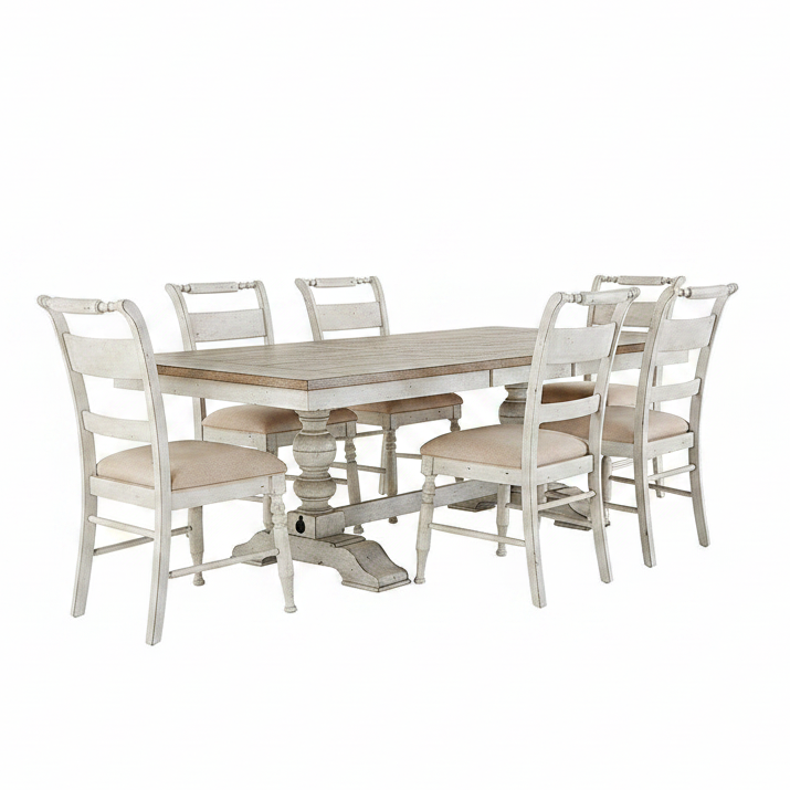 A seven-piece trestle dining set with a planked top and turned pedestals, featuring weathered gray tops and antique linen finish, accompanied by six upholstered side chairs with nylon chair glides.