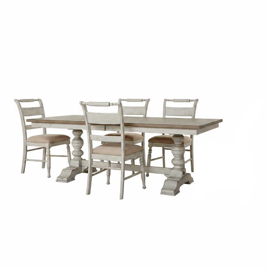 A rustic 5-piece dining room set featuring a rectangular pedestal table and six matching chairs with distressed off-white frames and light beige upholstered seats, shown on a solid white background.