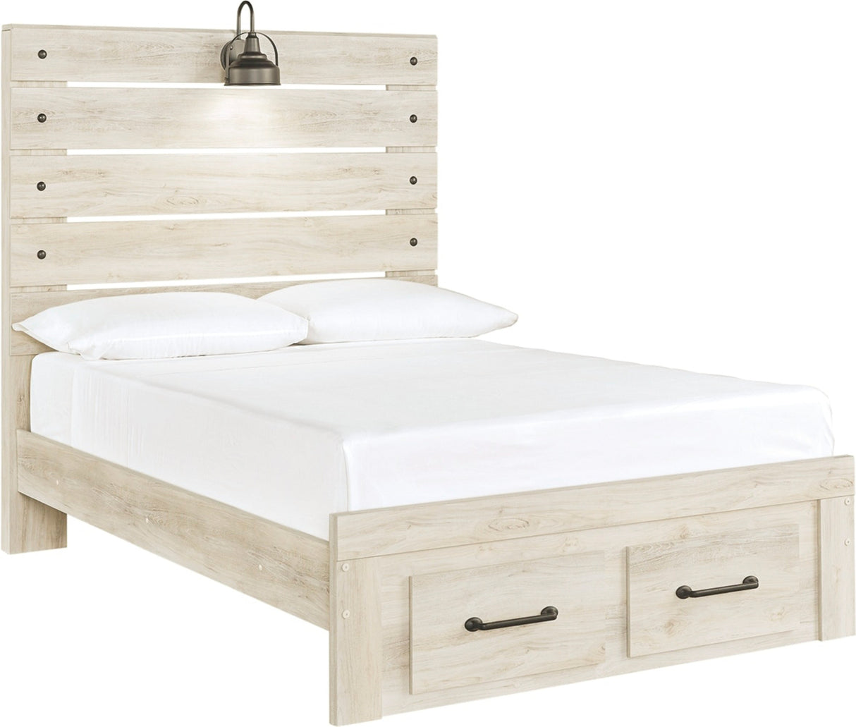 A light natural wood platform bed frame with a slatted headboard, two storage drawers with dark metal handles, and a matching nightstand lamp, shown with white bedding on a white background.