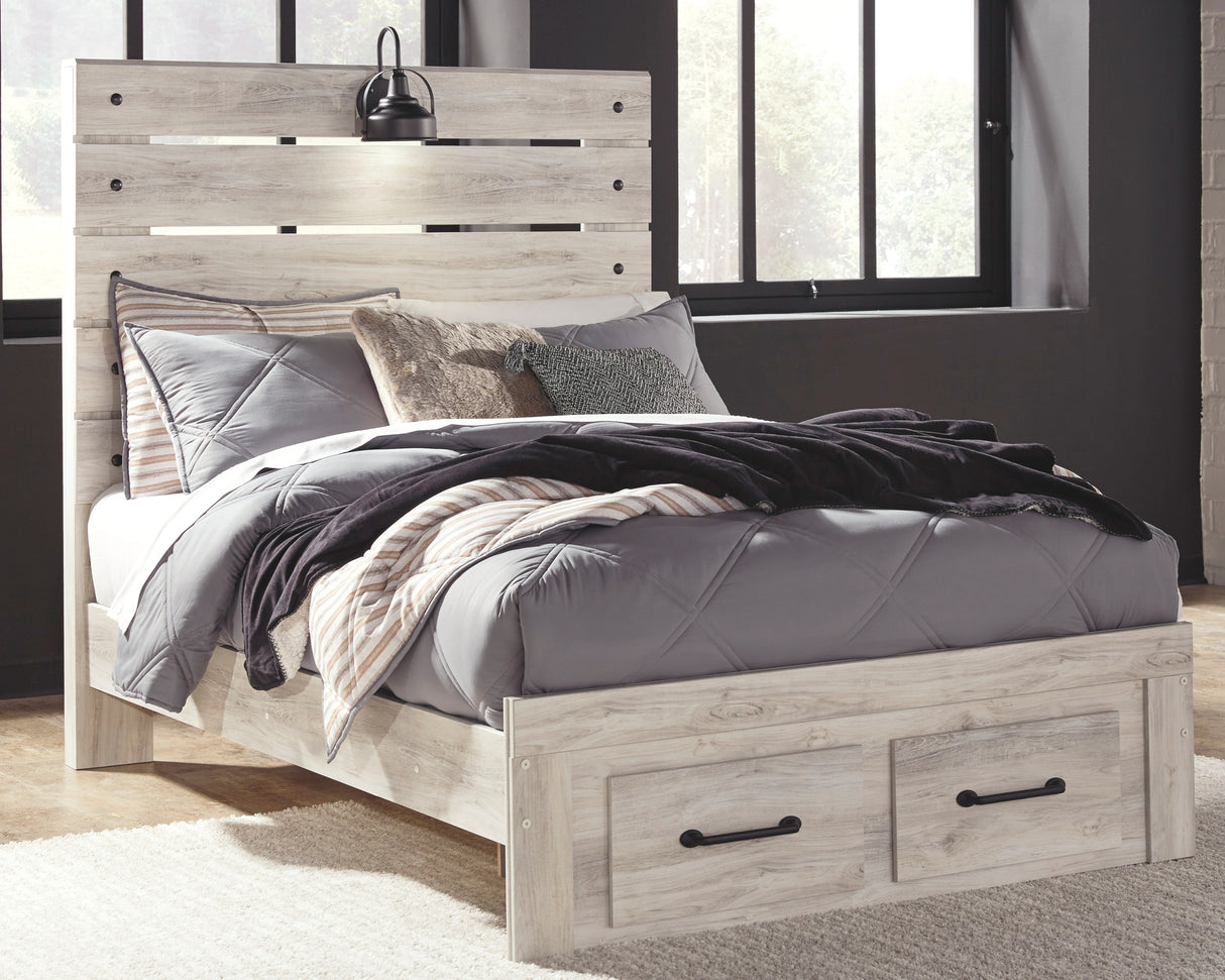 Wooden bed with storage drawers in a bedroom setting