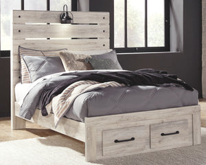 Wooden bed with storage drawers in a bedroom setting