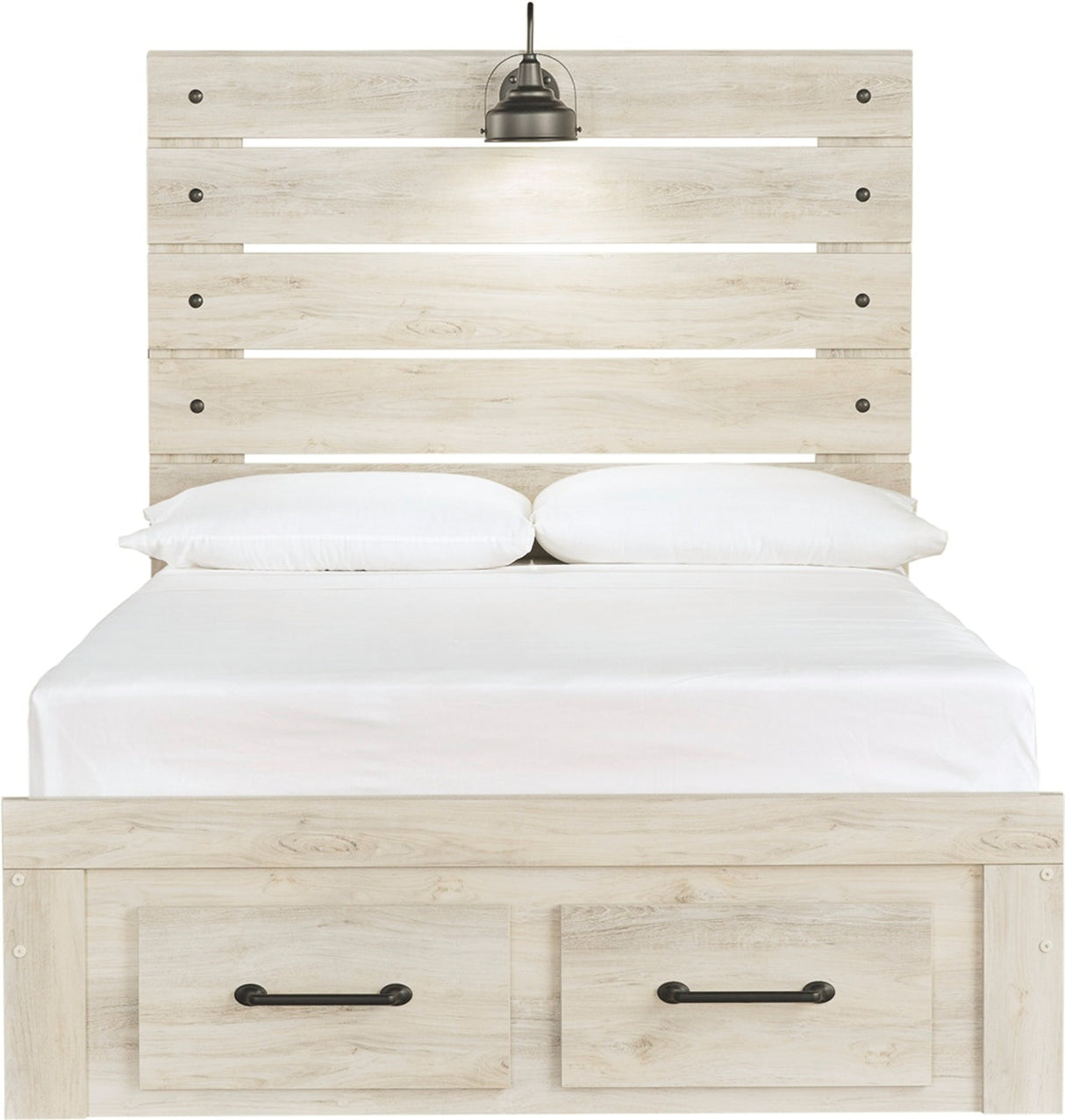 A light natural wood platform bed frame with a tall slatted headboard and two storage drawers with black handles at the bottom. The bed is dressed in white bedding and two white pillows, with a small black hanging lamp mounted above the headboard.