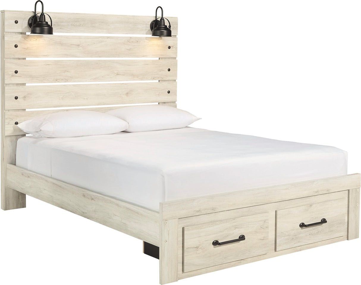 A light natural wood platform bed frame with two storage drawers at the foot, dressed in white bedding, featuring a tall slatted headboard with two black wall-mounted sconces.