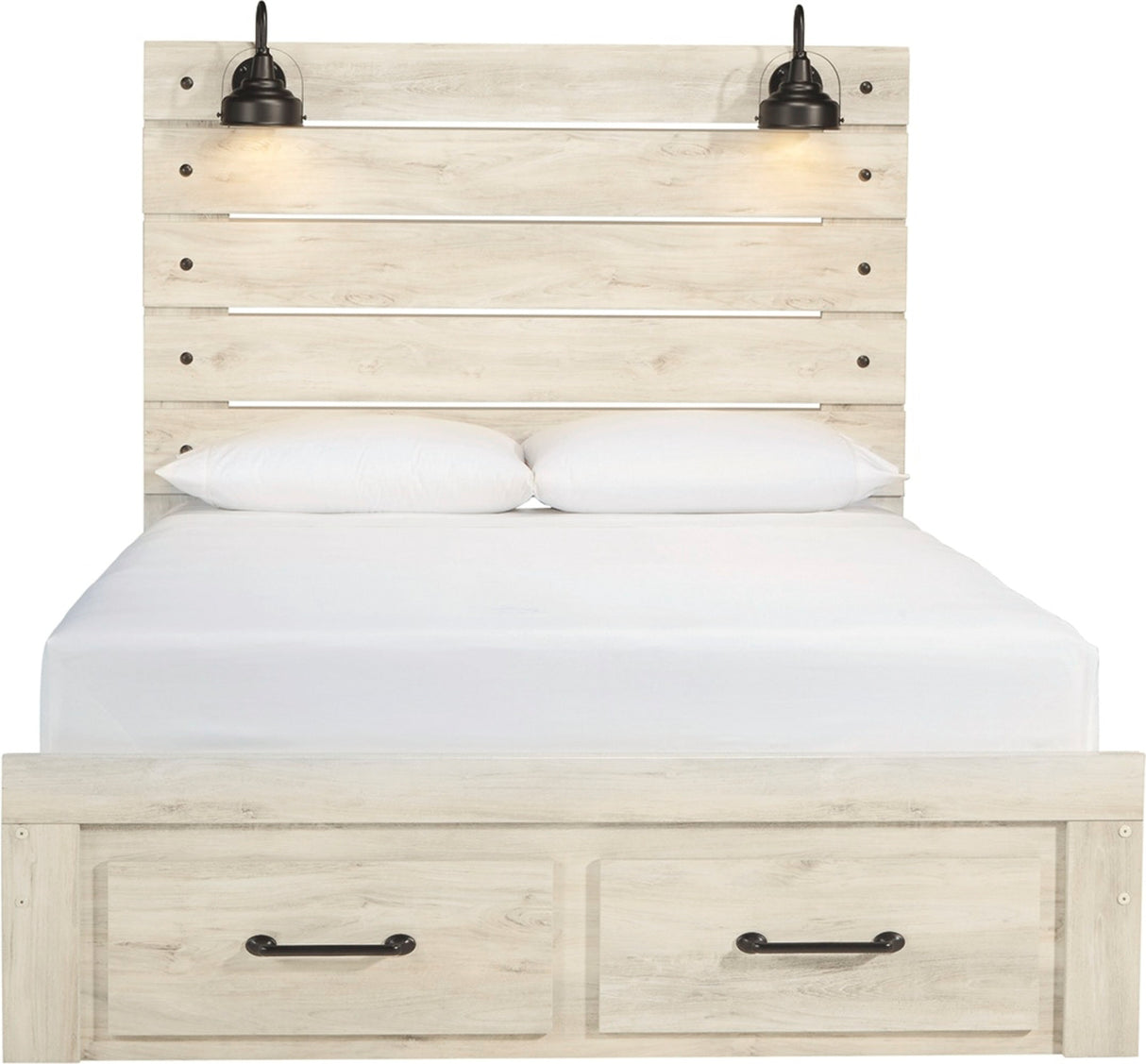 A light natural wood platform bed frame with two drawers at the bottom and black metal handles, featuring a tall slatted headboard with two black wall-mounted sconces and white bedding.