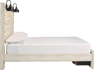 A rustic light wood platform bed frame with a tall slatted headboard, styled with white bedding and two black industrial wall sconces mounted above the headboard, shown against a plain white background.