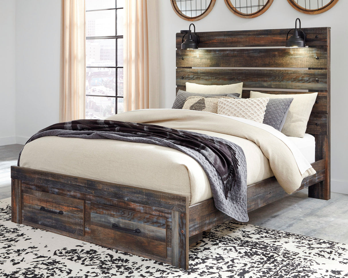 A rustic dark wood platform bed frame with a tall slatted headboard and storage drawers at the foot, styled with beige bedding, patterned pillows, and a gray throw blanket in a bright bedroom.