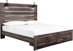 A rustic dark brown wooden bed frame with a slatted headboard, built-in black wall sconces, and two storage drawers at the foot. The bed is dressed in white bedding and is photographed against a solid white background.