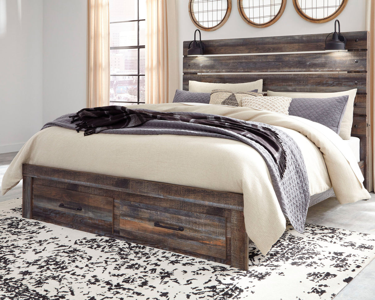 Bedroom with a rustic wooden bed frame, white bedding, and decorative pillows.