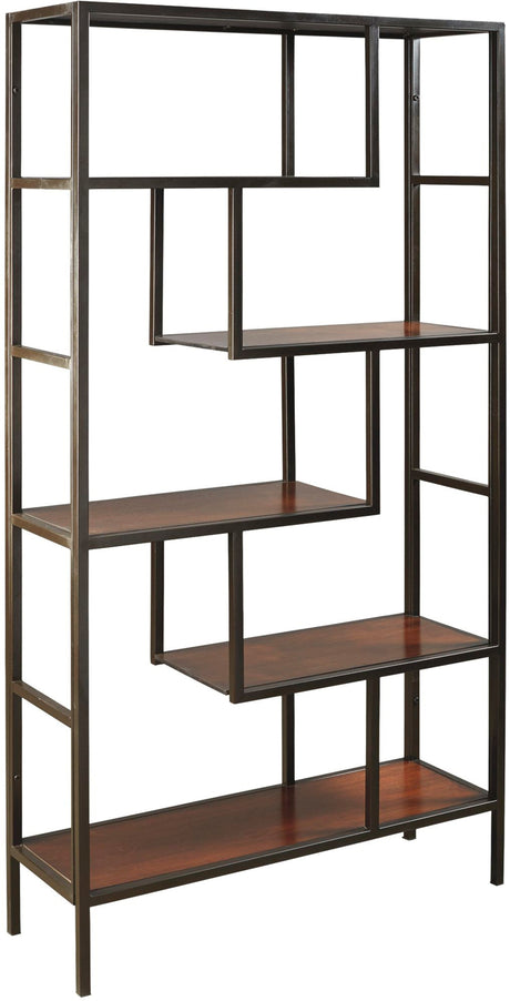A modern 5-tier open bookcase with a dark bronze metal frame and warm brown wood shelves, shown against a plain white background.