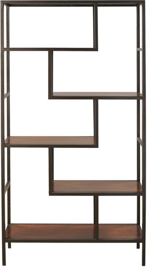 A modern geometric 5-tier bookcase with a dark brown metal frame and warm brown wood shelves, shown against a plain white background.