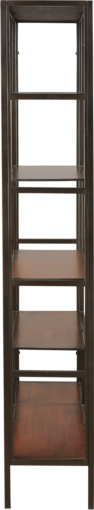 A tall, narrow five-tier bookcase with a dark brown metal frame and medium brown wooden shelves, shown against a plain white background.