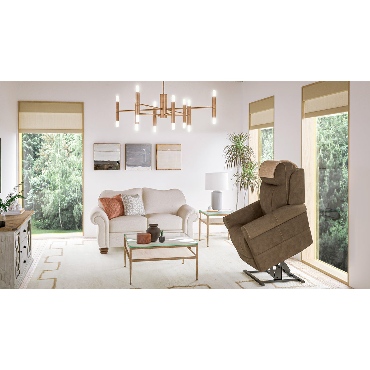 A room setting featuring Stewart Amber Brown Lift Recliner