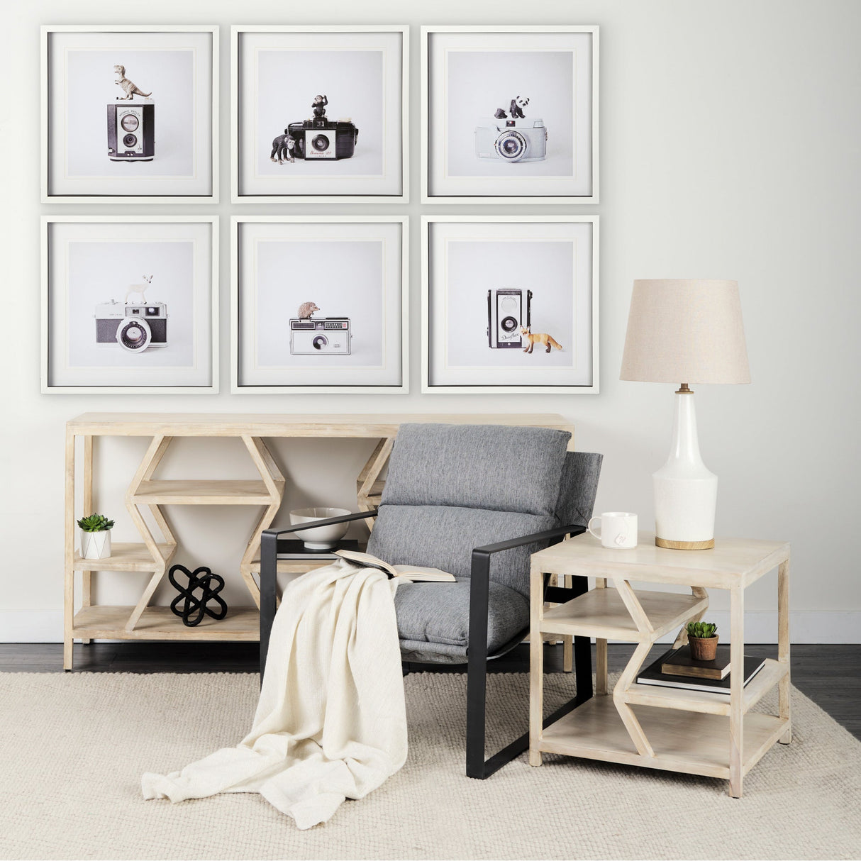 A room setting featuring T Rex White Wall Art
