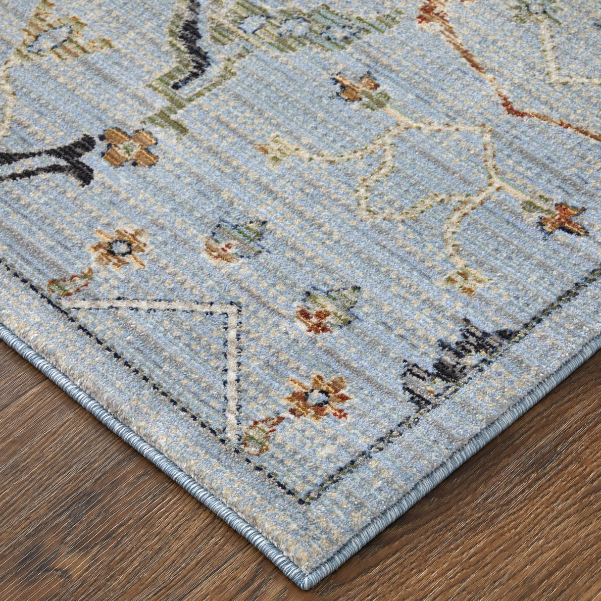 Front left view of Melrose Blue 5x8 Rug