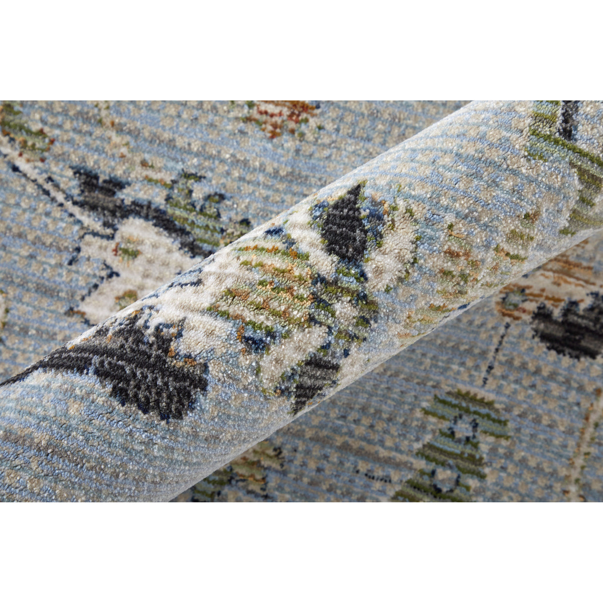Detail image of Melrose Blue 5x8 Rug with overlay of product dimensions