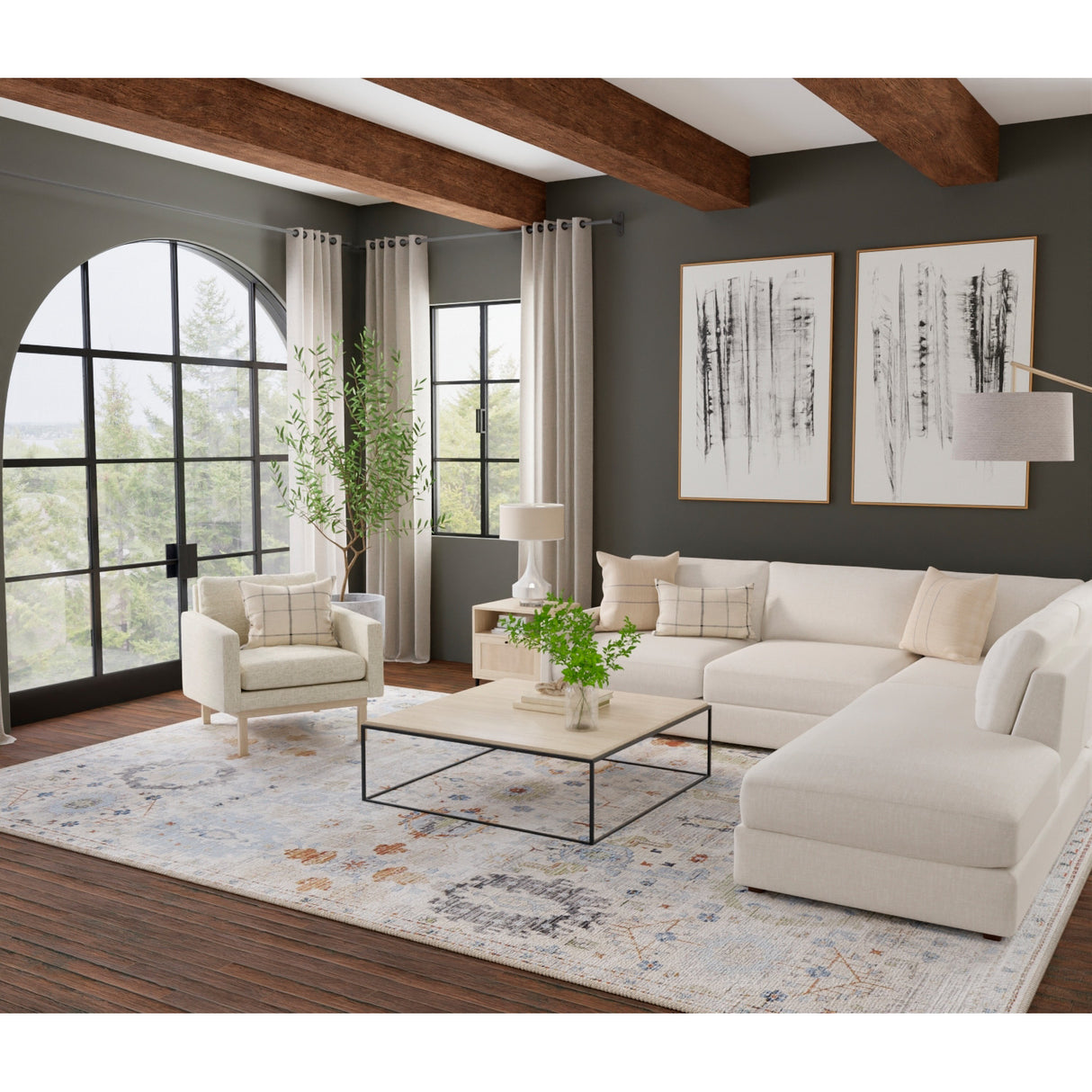 A room setting featuring Melrose Beige 9x13 Rug