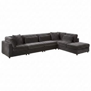 A dark gray textured fabric sectional sofa with an L-shaped configuration, multiple back cushions, and a right-side chaise ottoman, shown against a plain white background.