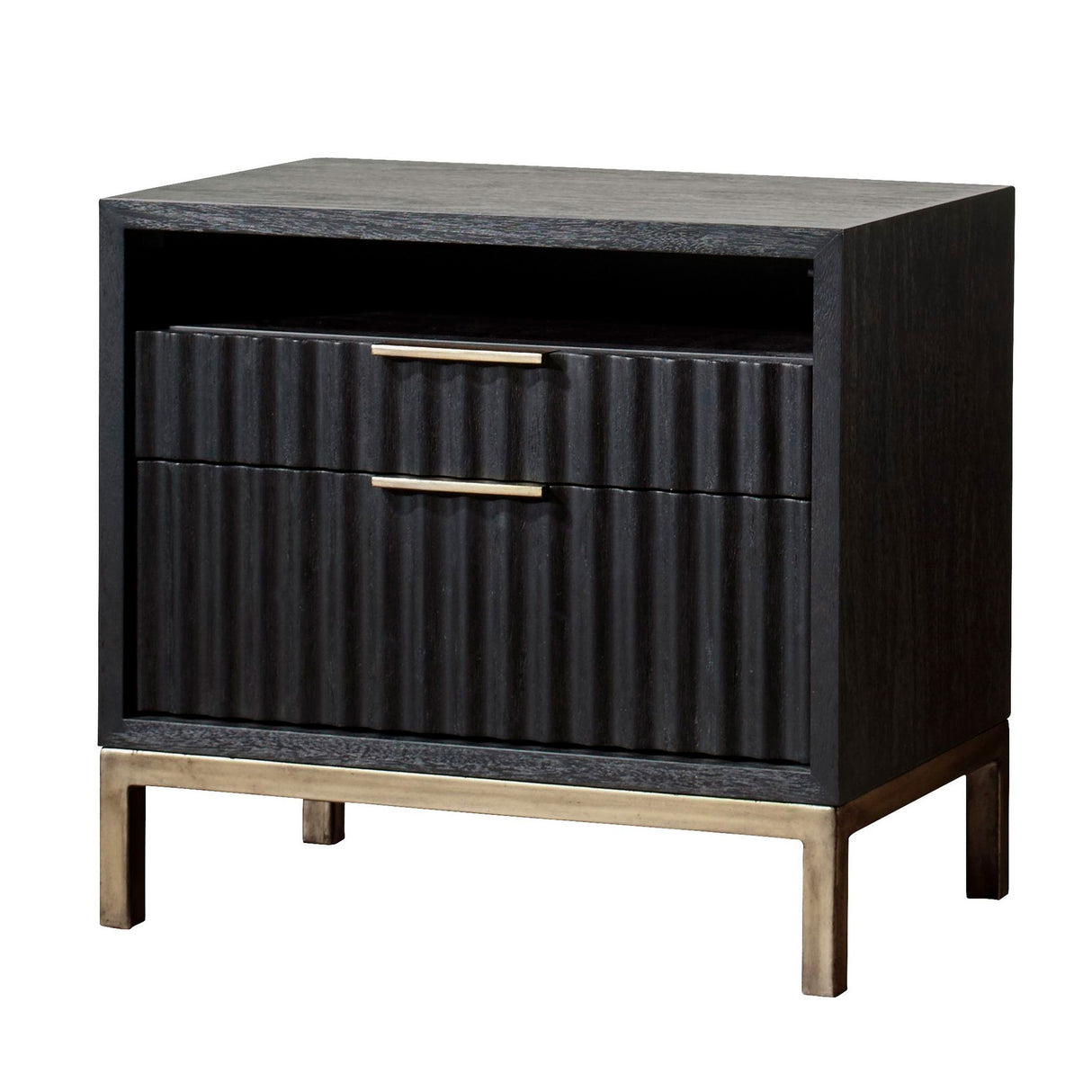 Black nightstand with two drawers and gold accents on a white background