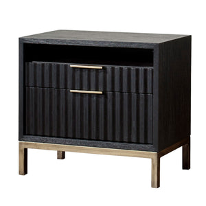 Black nightstand with two drawers and gold accents on a white background