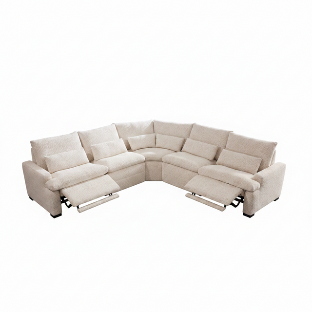 An L-shaped sectional sofa upholstered in light beige textured fabric, shown with both chaise lounge arms extended on a plain white background.
