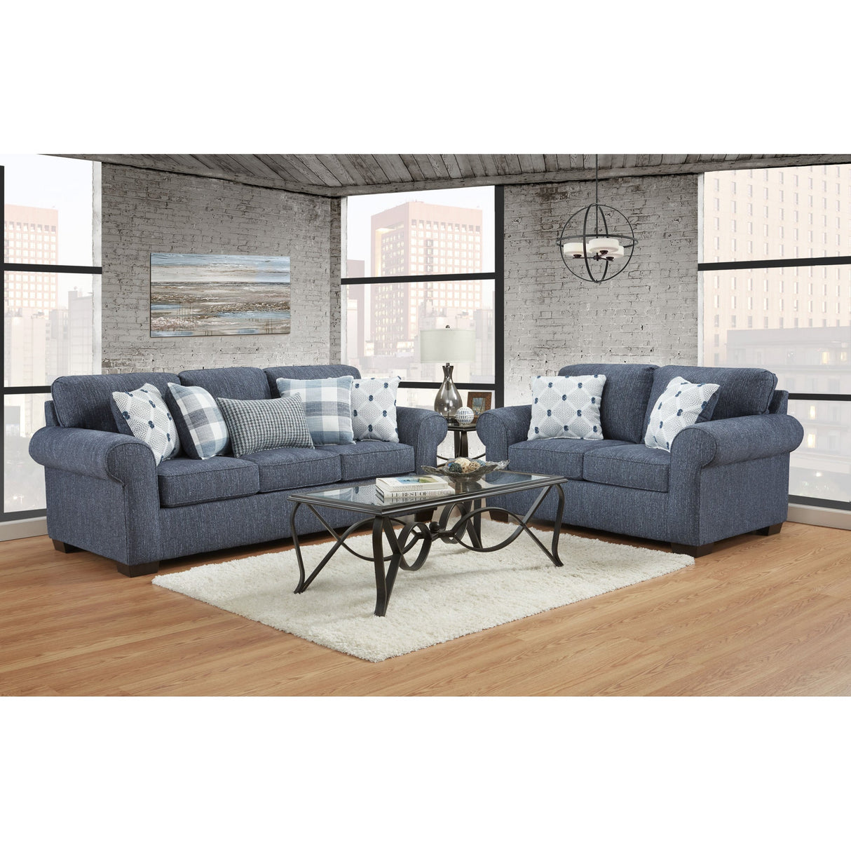 A room setting featuring Arabella Indigo Loveseat
