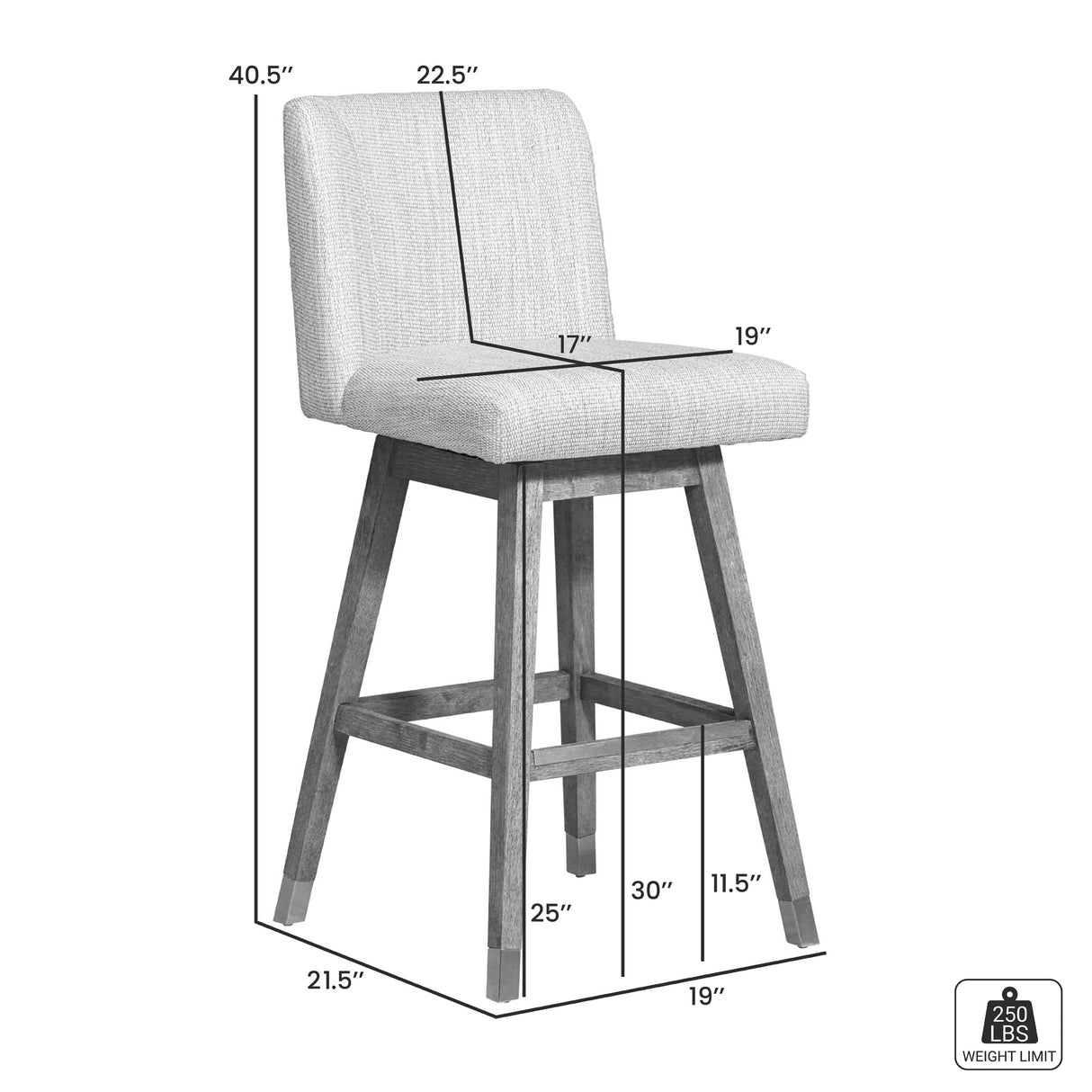 Detail image of Isabella Beige Swivel Bar Stool with overlay of product dimensions