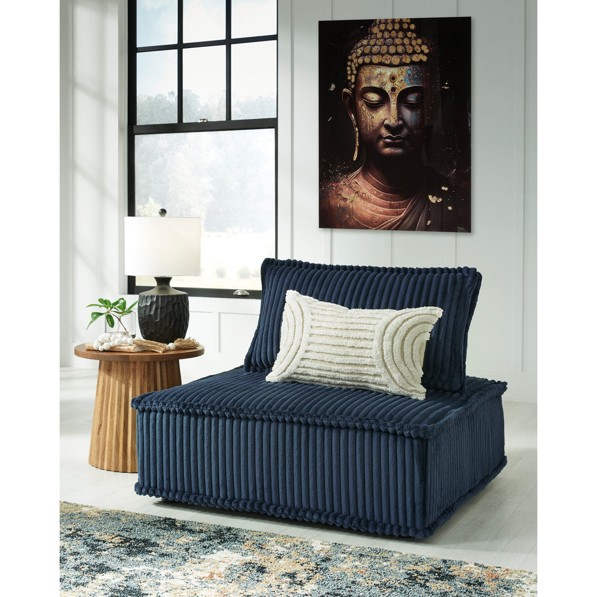 Navy Bales Accent Chair with white accent pillow