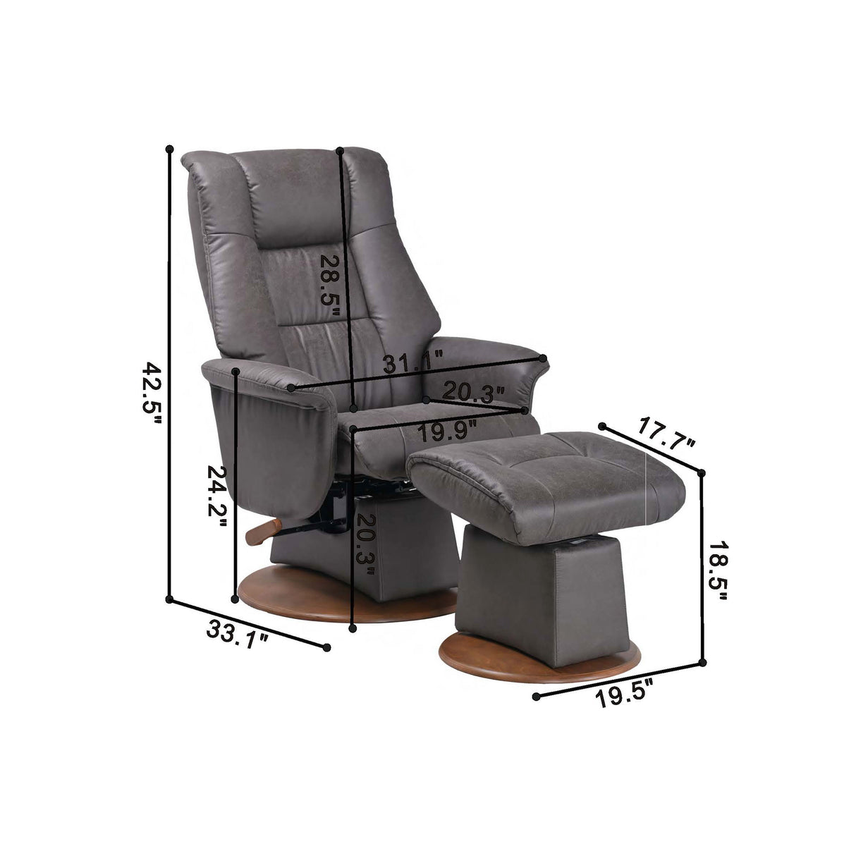 Detail image of Victoria Gray Glider Recliner with Ottoman with overlay of product dimensions