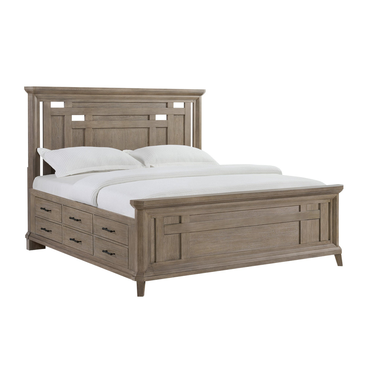 Front right view of Acorn Hill Taupe King Storage Bed