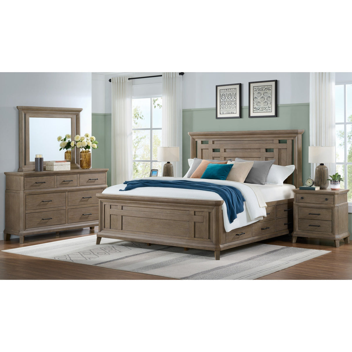 A room setting featuring Acorn Hill Taupe King Storage Bed