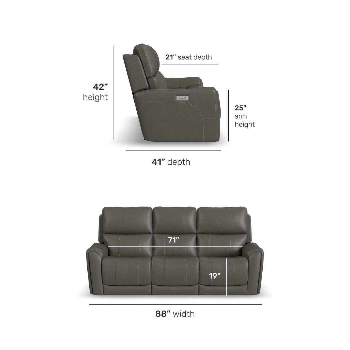 Detail image of Dylan Smoke Power Reclining Sofa with overlay of product dimensions