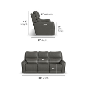 Detail image of Dylan Smoke Power Reclining Sofa with overlay of product dimensions