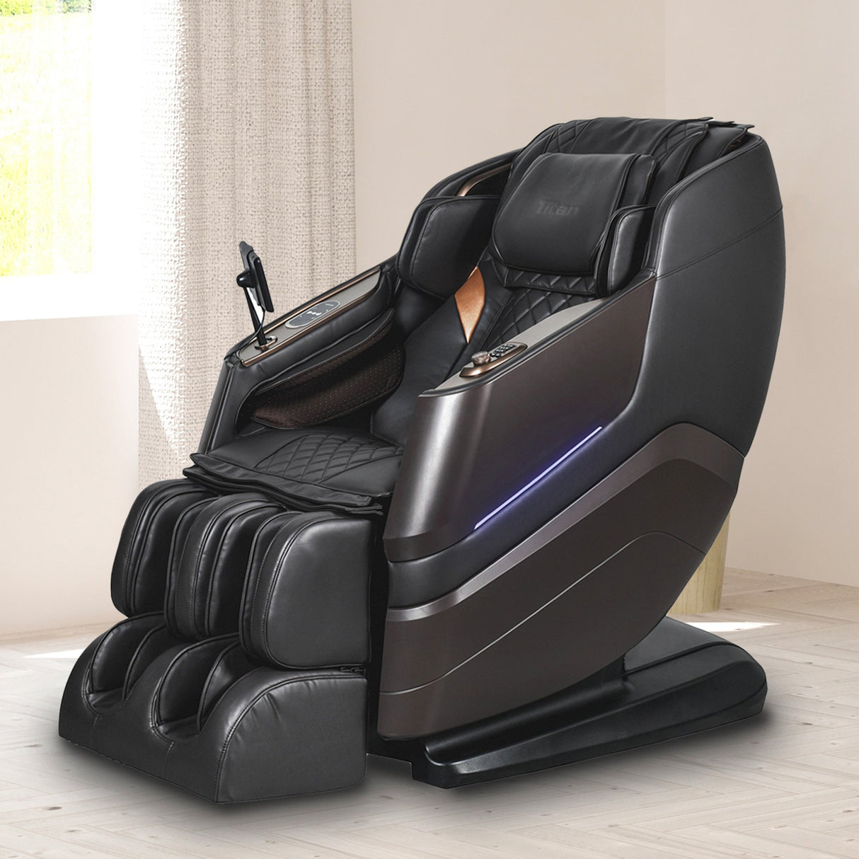 A room setting featuring Epic Brown Massage Chair