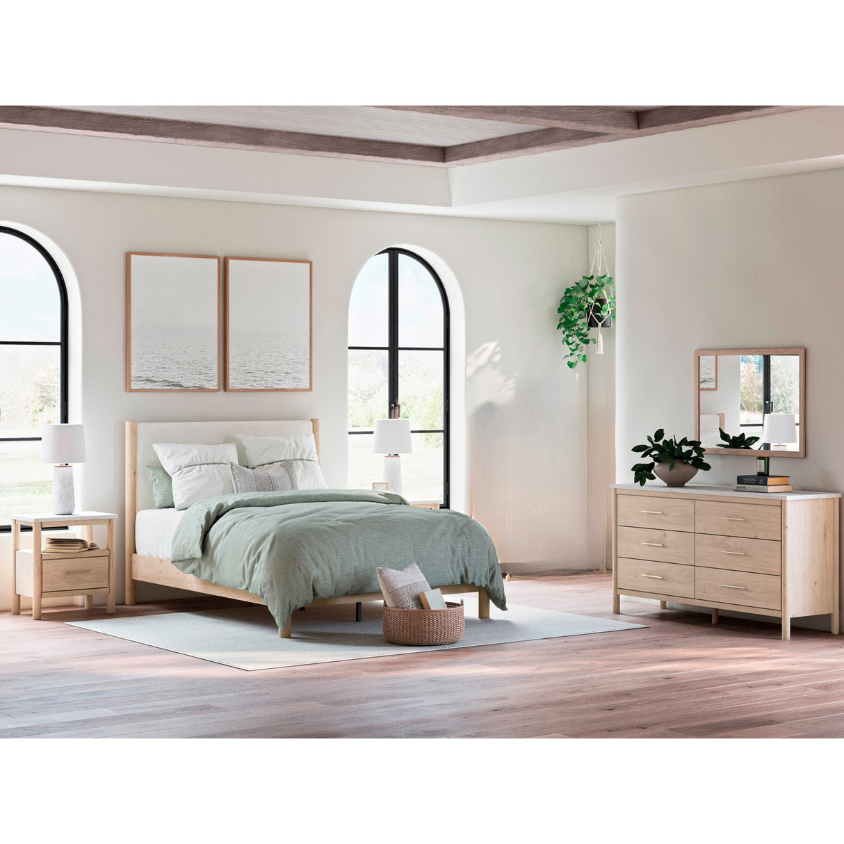 A room setting featuring Cadmori Natural Queen 4 Piece Upholstered Room Group