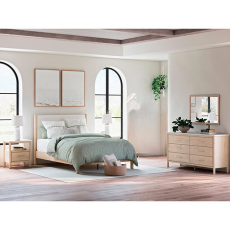 A room setting featuring Cadmori Natural Queen 4 Piece Upholstered Room Group